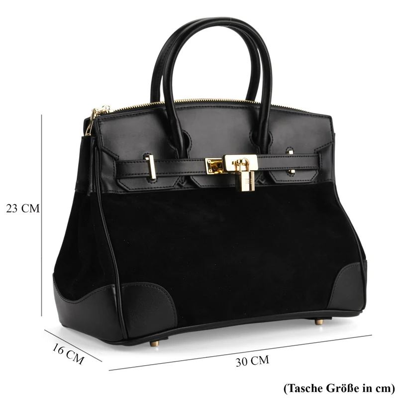 Grand Pelle Echtleder Citybag mit Reißverschluss und Schlossoptik 30 x 16 x 23 cm Schwarz