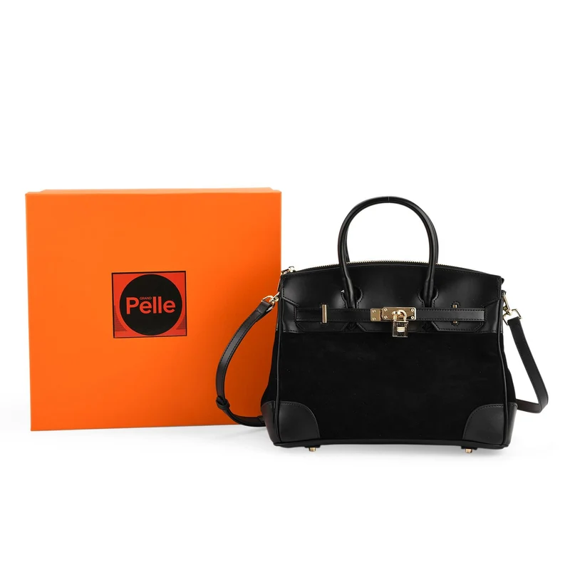 Grand Pelle Echtleder Citybag mit Reißverschluss und Schlossoptik 30 x 16 x 23 cm Schwarz