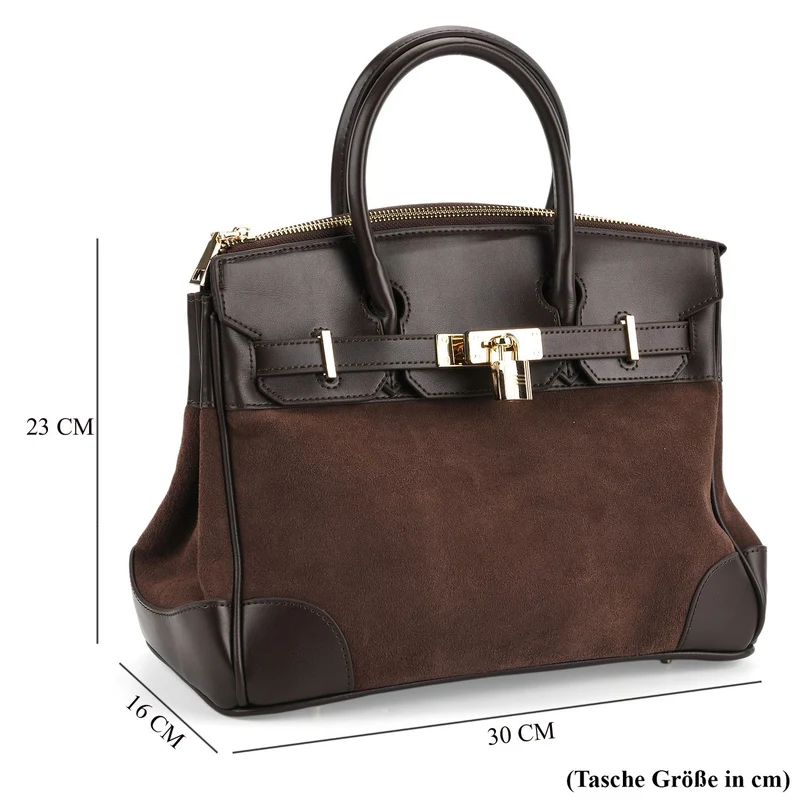 Grand Pelle Echtleder Citybag mit Reißverschluss und Schlossoptik 30 x 16 x 23 cm Schwarz