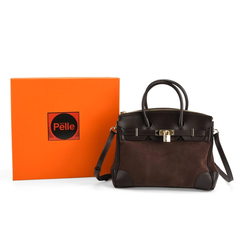 Grand Pelle Echtleder Citybag mit Reißverschluss und Schlossoptik 30 x 16 x 23 cm Schwarz