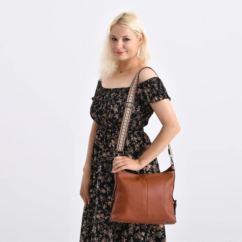 100% Echtleder-Crossbody-Tasche mit 3 Tragevarianten, 32x12x25 cm, Cognac