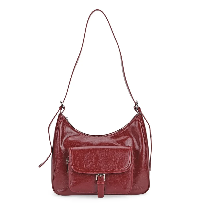 Schultertasche aus Echtleder mit Fronttasche, 28,5x9x25 cm, Schwarz