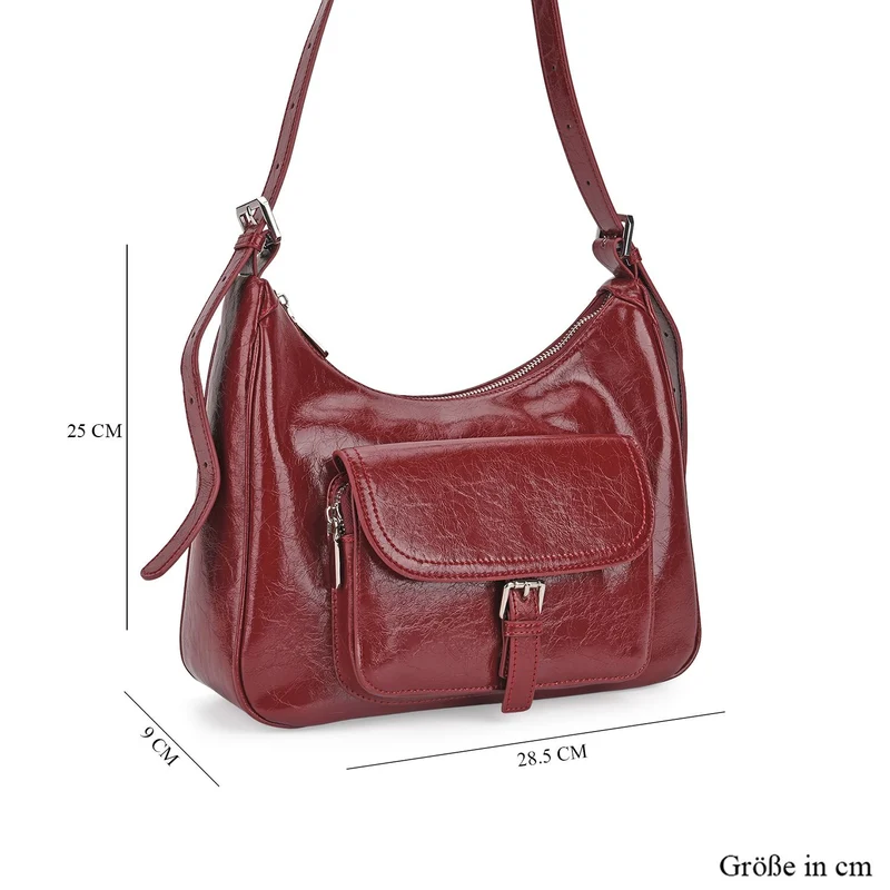 Schultertasche aus Echtleder mit Fronttasche, 28,5x9x25 cm, Schwarz