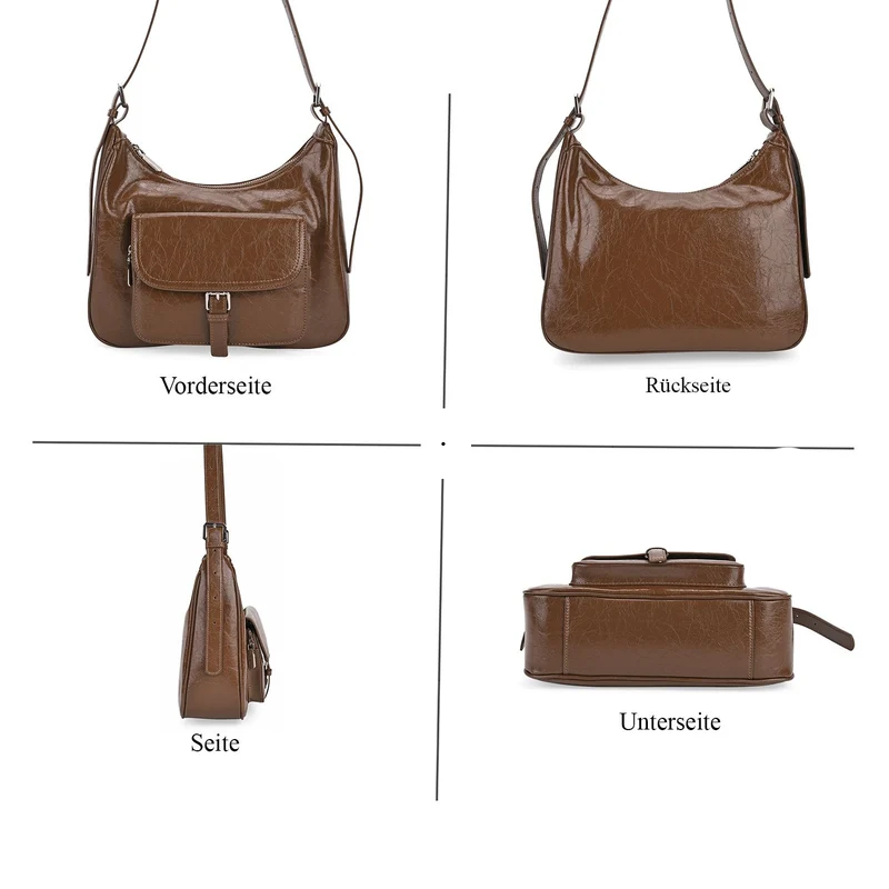 Schultertasche aus Echtleder mit Fronttasche, 28,5x9x25 cm, Schwarz