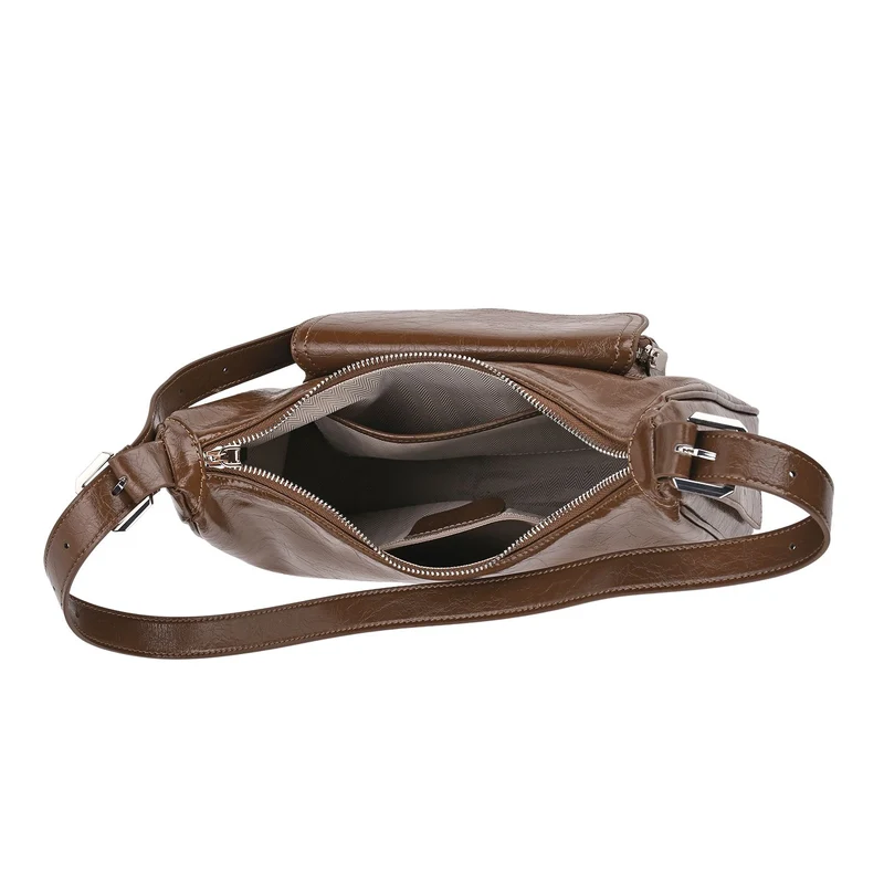 Schultertasche aus Echtleder mit Fronttasche, 28,5x9x25 cm, Schwarz
