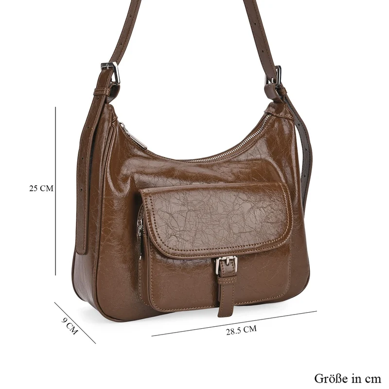 Schultertasche aus Echtleder mit Fronttasche, 28,5x9x25 cm, Schwarz