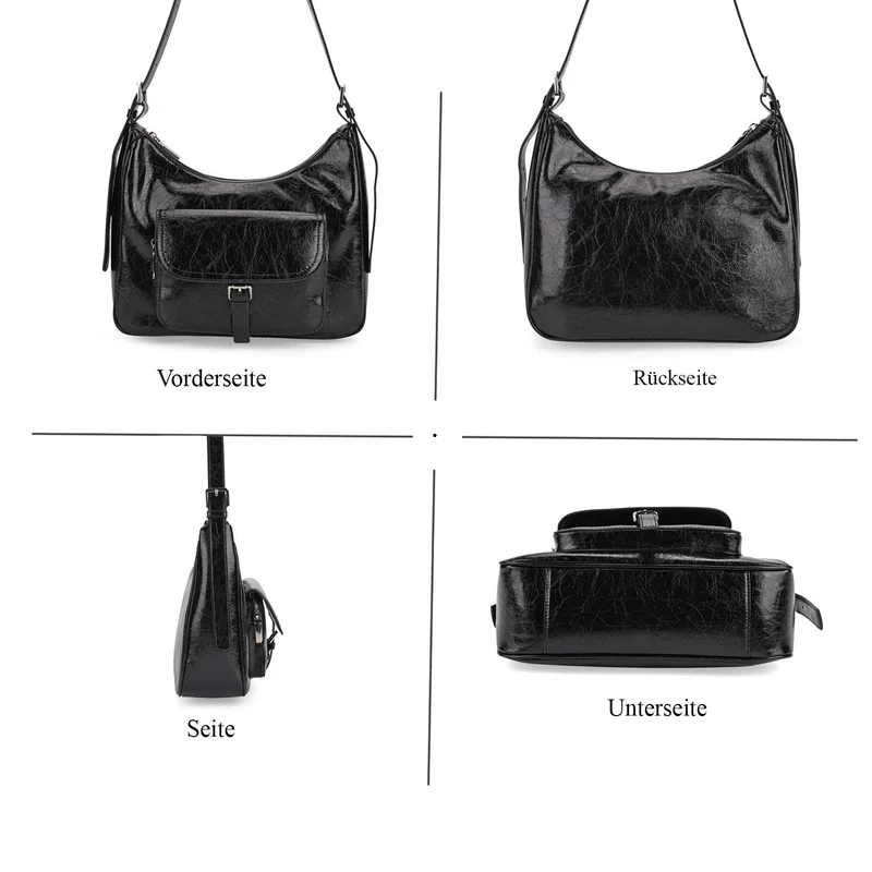 Schultertasche aus Echtleder mit Fronttasche, 28,5x9x25 cm, Schwarz