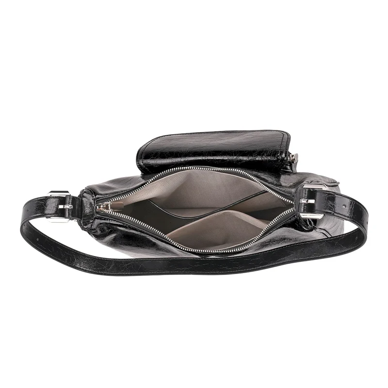 Schultertasche aus Echtleder mit Fronttasche, 28,5x9x25 cm, Schwarz