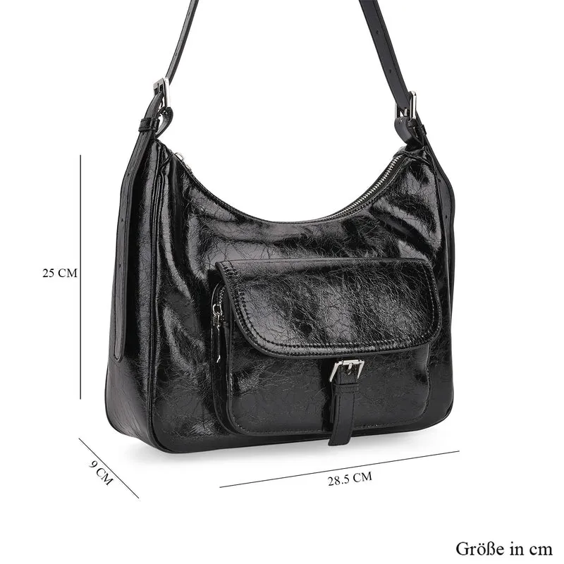 Schultertasche aus Echtleder mit Fronttasche, 28,5x9x25 cm, Schwarz
