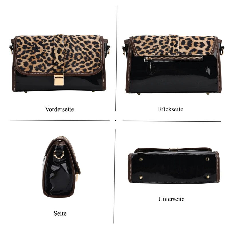 Chaos by Elsie - Echtleder Crossbody Tasche mit RFID, Leopardenmotiv Klappe, 2 Außenfächer mit Reißverschluss, 28 x 10 x 18 cm, Beige