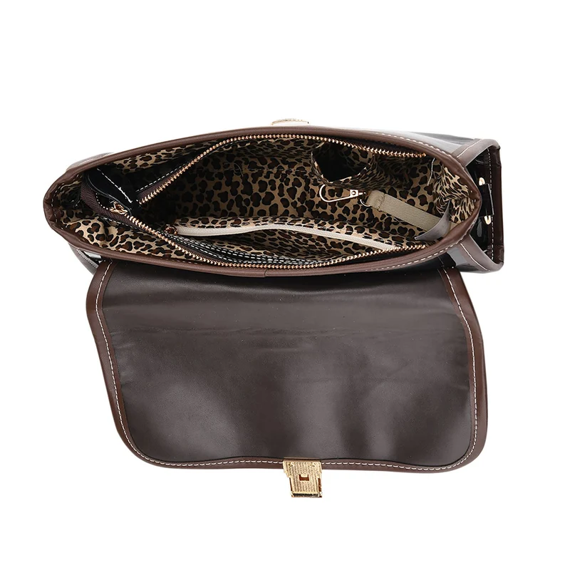 Chaos by Elsie - Echtleder Crossbody Tasche mit RFID, Leopardenmotiv Klappe, 2 Außenfächer mit Reißverschluss, 28 x 10 x 18 cm, Beige