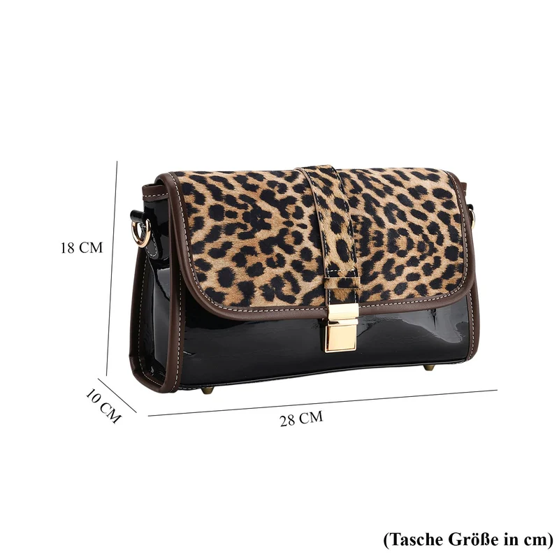 Chaos by Elsie - Echtleder Crossbody Tasche mit RFID, Leopardenmotiv Klappe, 2 Außenfächer mit Reißverschluss, 28 x 10 x 18 cm, Beige
