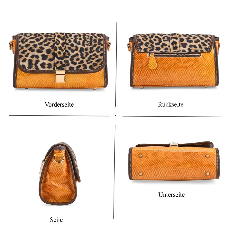Chaos by Elsie - Echtleder Crossbody Tasche mit RFID, Leopardenmotiv Klappe, 2 Außenfächer mit Reißverschluss, 28 x 10 x 18 cm, Beige