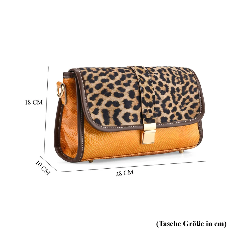 Chaos by Elsie - Echtleder Crossbody Tasche mit RFID, Leopardenmotiv Klappe, 2 Außenfächer mit Reißverschluss, 28 x 10 x 18 cm, Beige