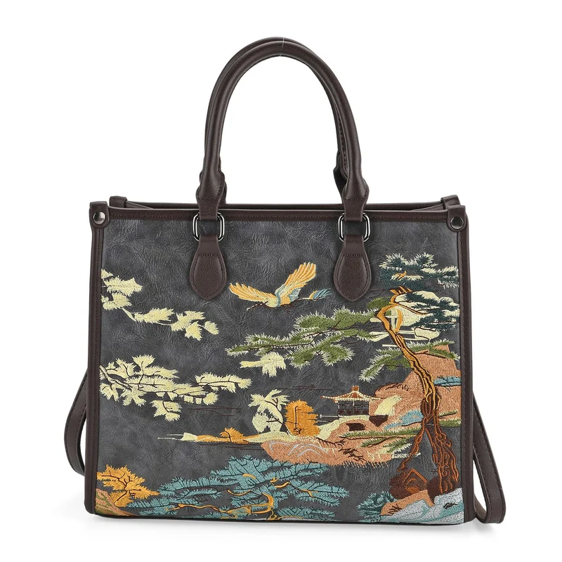 Bestickte Crossbody Tasche, Kunstleder, Blumen Design, 32 x 12 x 25 cm, Blau
