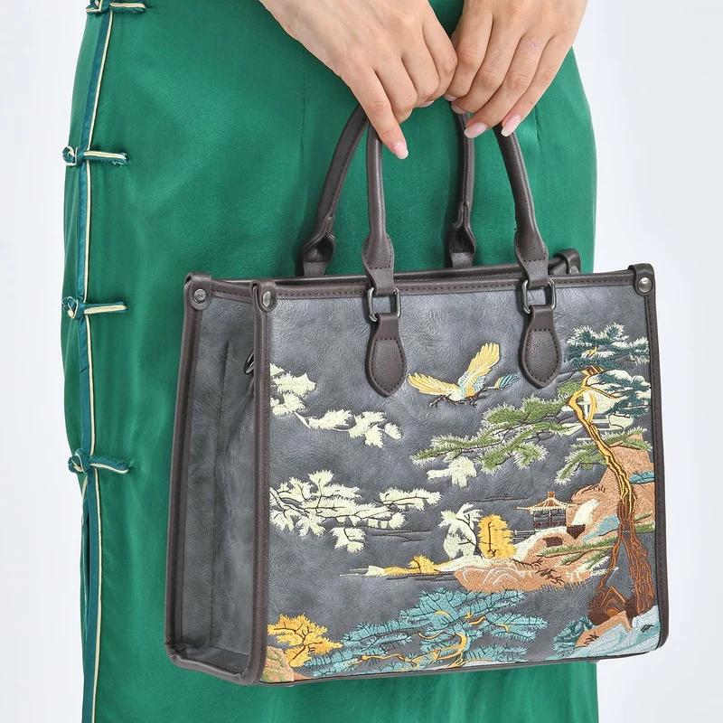 Bestickte Crossbody Tasche, Kunstleder, Blumen Design, 32 x 12 x 25 cm, Blau