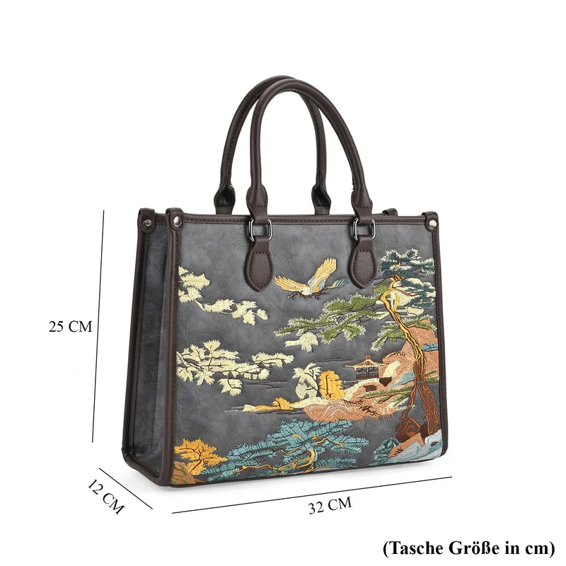Bestickte Crossbody Tasche, Kunstleder, Blumen Design, 32 x 12 x 25 cm, Blau