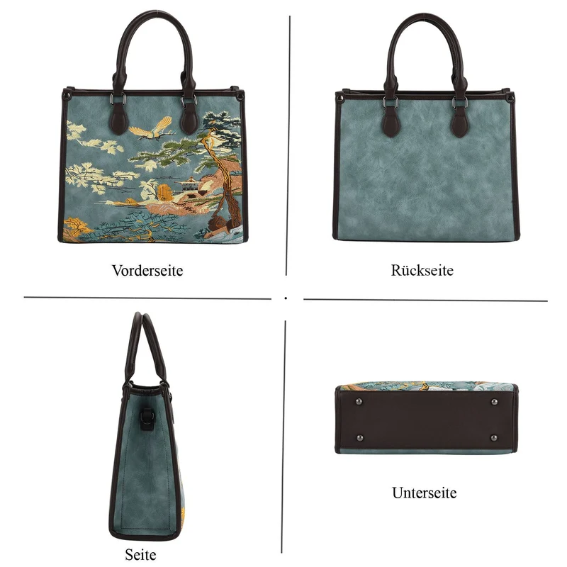 Bestickte Crossbody Tasche, Kunstleder, Blumen Design, 32 x 12 x 25 cm, Blau