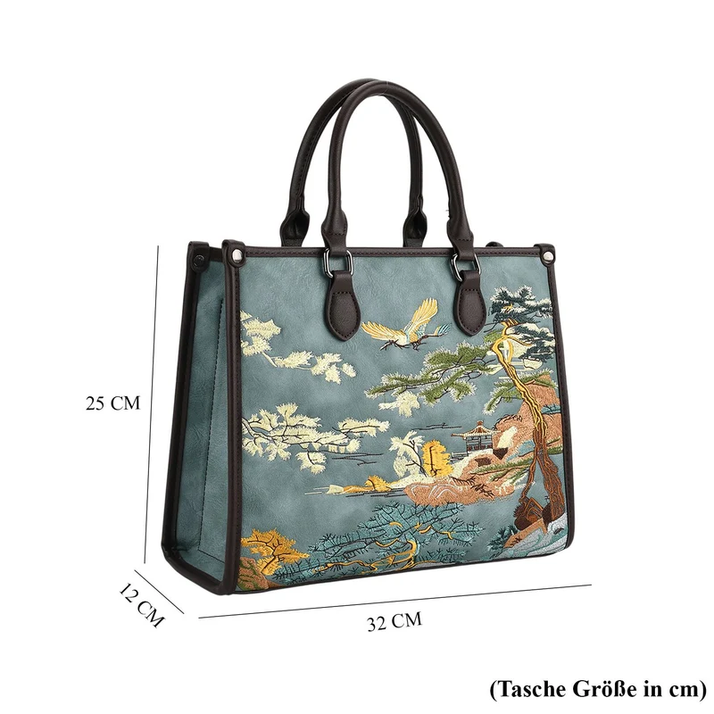 Bestickte Crossbody Tasche, Kunstleder, Blumen Design, 32 x 12 x 25 cm, Blau