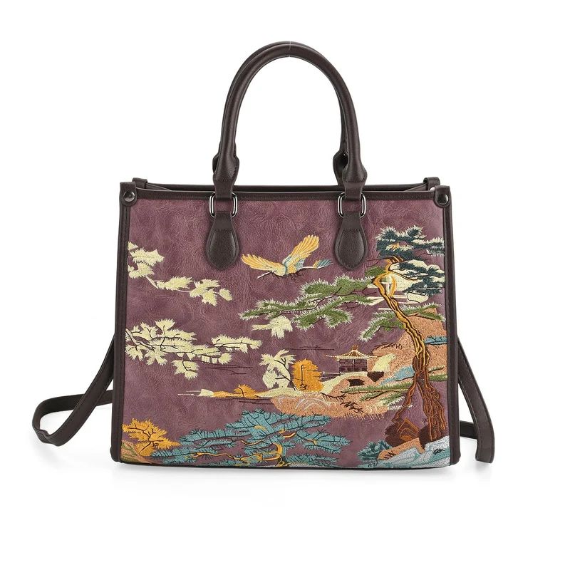 Bestickte Crossbody Tasche, Kunstleder, Blumen Design, 32 x 12 x 25 cm, Blau