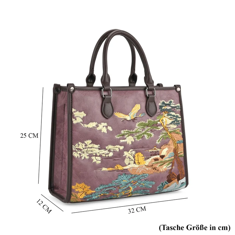 Bestickte Crossbody Tasche, Kunstleder, Blumen Design, 32 x 12 x 25 cm, Blau