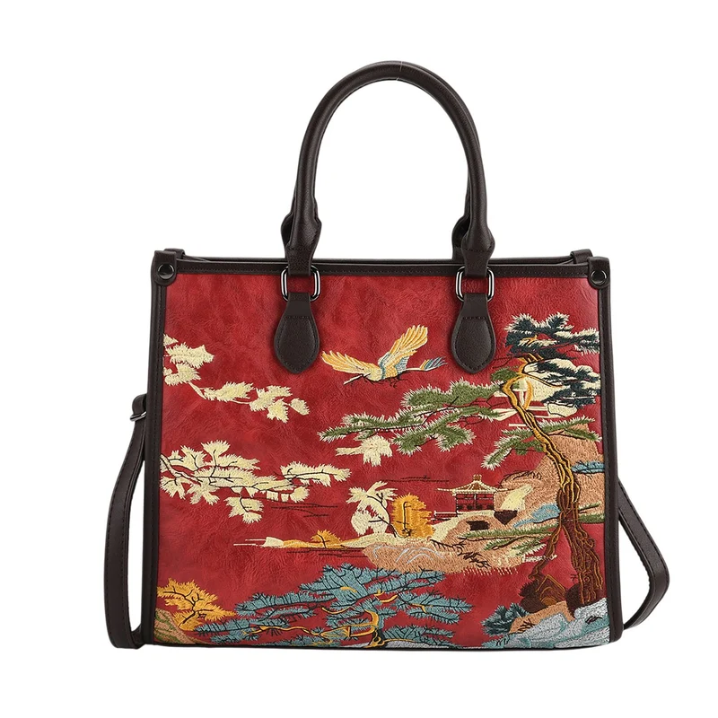 Bestickte Crossbody Tasche, Kunstleder, Blumen Design, 32 x 12 x 25 cm, Blau