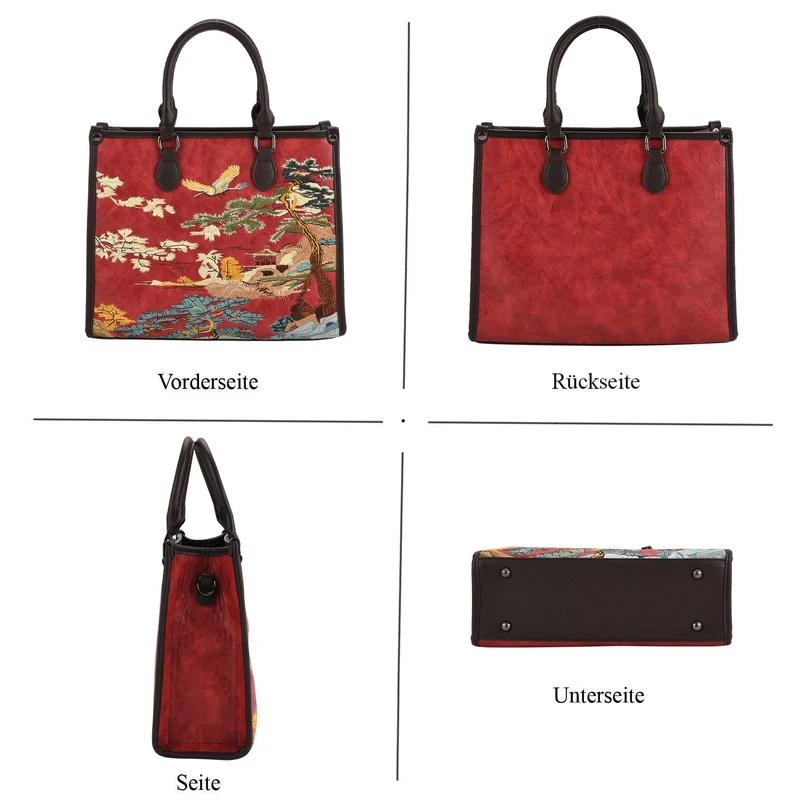 Bestickte Crossbody Tasche, Kunstleder, Blumen Design, 32 x 12 x 25 cm, Blau