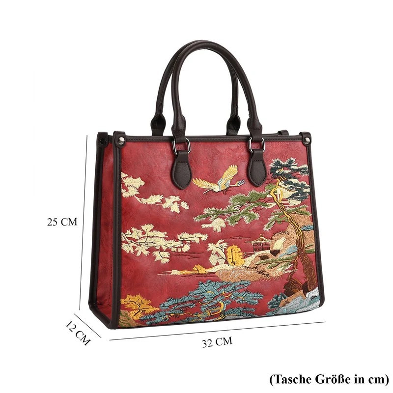 Bestickte Crossbody Tasche, Kunstleder, Blumen Design, 32 x 12 x 25 cm, Blau