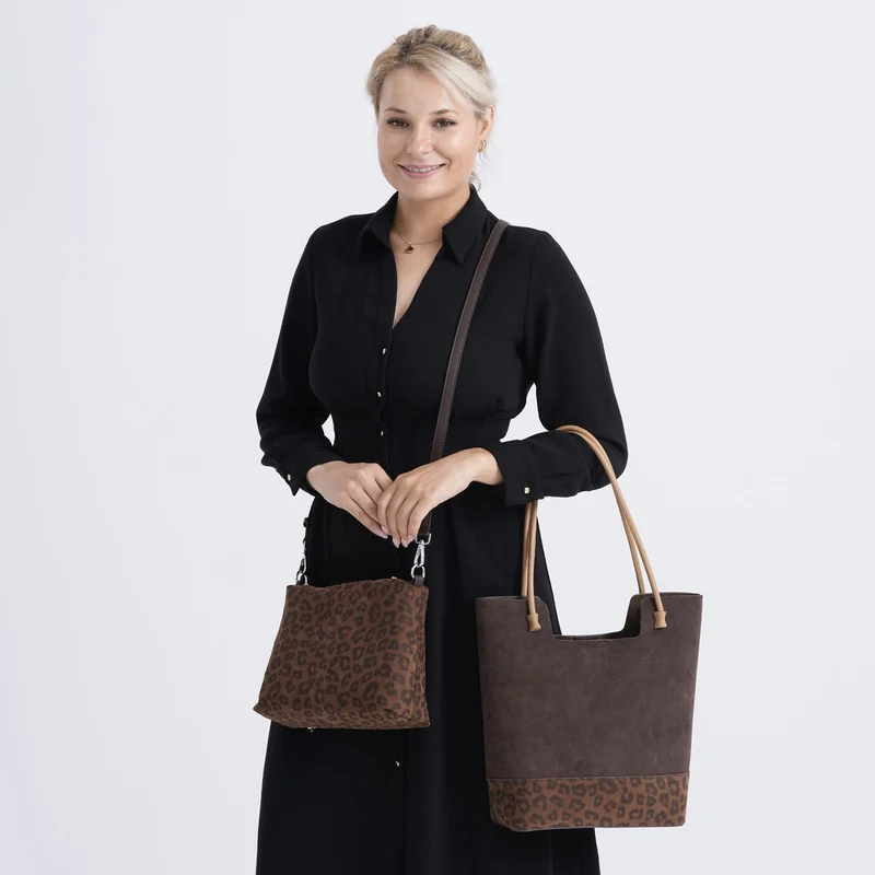 2er-Set Echtleder-Taschen, Shopper und Umhängetasche mit Leopardenmuster und unifarbenem Kontrast, Dunkelkaffee