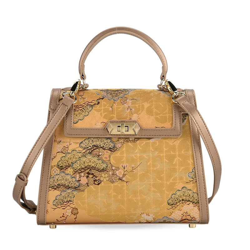 LA MAREY Signature - Seiden-Brokat-Umhängetasche mit Tragegriff, 24 x 10 x 20 cm, Beige