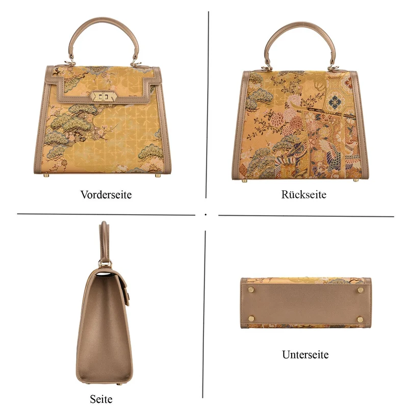 LA MAREY Signature - Seiden-Brokat-Umhängetasche mit Tragegriff, 24 x 10 x 20 cm, Beige