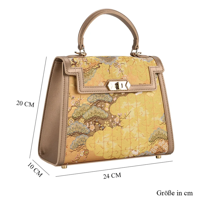 LA MAREY Signature - Seiden-Brokat-Umhängetasche mit Tragegriff, 24 x 10 x 20 cm, Beige