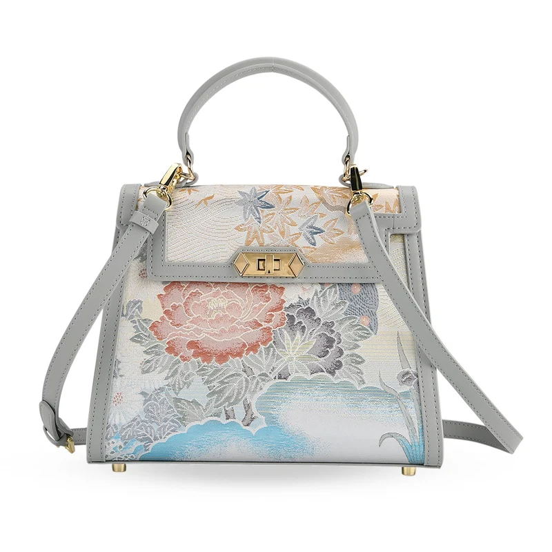 LA MAREY Signature - Seiden-Brokat-Umhängetasche mit Tragegriff, 24 x 10 x 20 cm, Beige