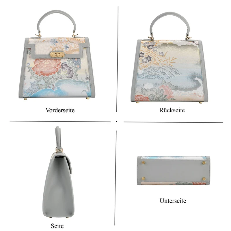 LA MAREY Signature - Seiden-Brokat-Umhängetasche mit Tragegriff, 24 x 10 x 20 cm, Beige