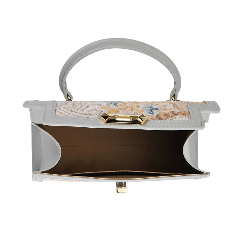 LA MAREY Signature - Seiden-Brokat-Umhängetasche mit Tragegriff, 24 x 10 x 20 cm, Beige
