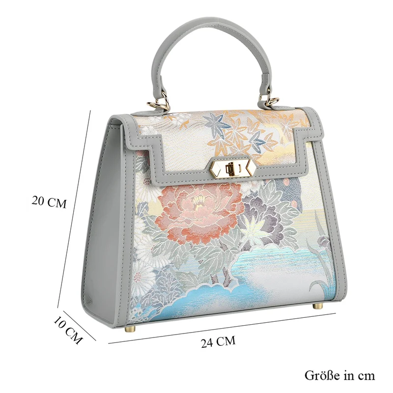 LA MAREY Signature - Seiden-Brokat-Umhängetasche mit Tragegriff, 24 x 10 x 20 cm, Beige