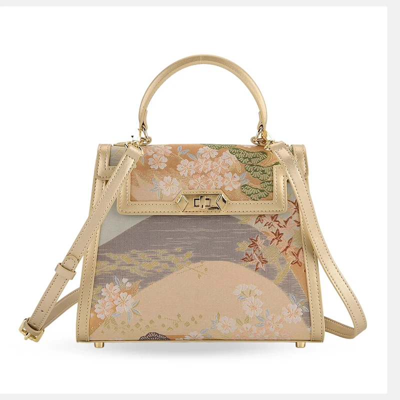 LA MAREY Signature - Seiden-Brokat-Umhängetasche mit Tragegriff, 24 x 10 x 20 cm, Beige