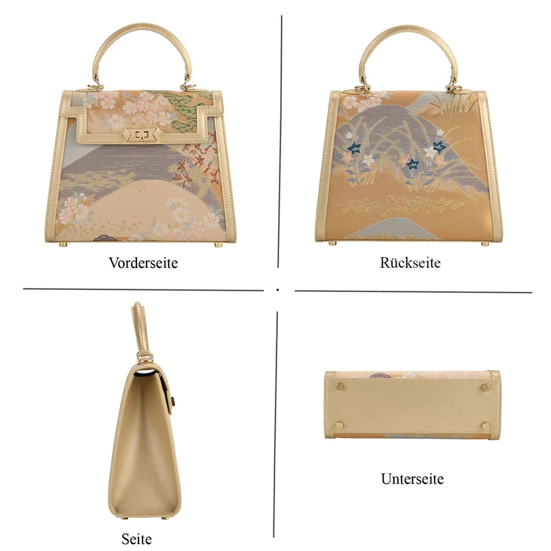 LA MAREY Signature - Seiden-Brokat-Umhängetasche mit Tragegriff, 24 x 10 x 20 cm, Beige