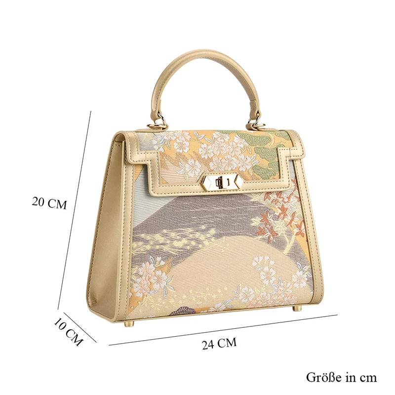 LA MAREY Signature - Seiden-Brokat-Umhängetasche mit Tragegriff, 24 x 10 x 20 cm, Beige