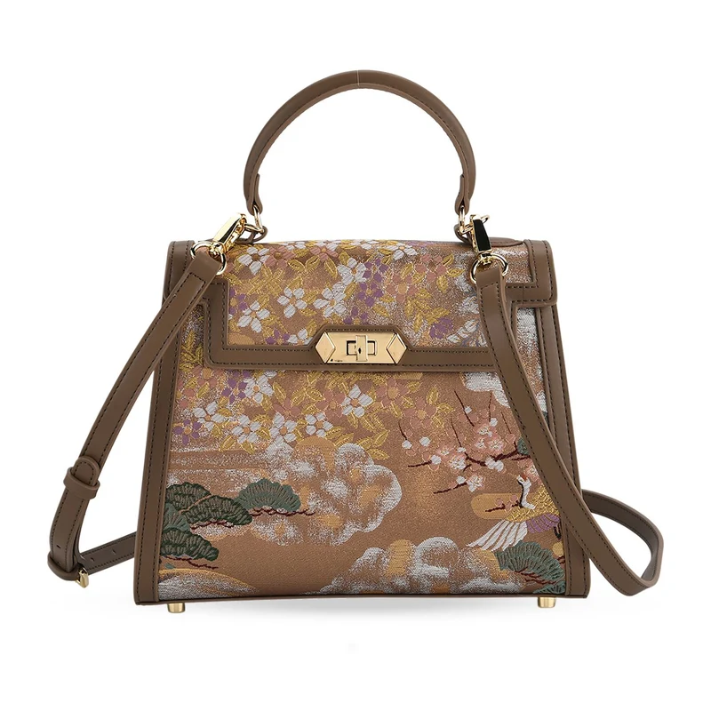 LA MAREY Signature - Seiden-Brokat-Umhängetasche mit Tragegriff, 24 x 10 x 20 cm, Beige