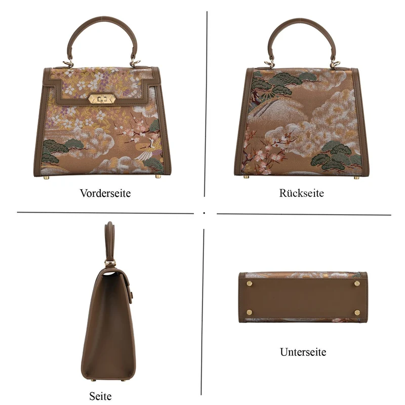 LA MAREY Signature - Seiden-Brokat-Umhängetasche mit Tragegriff, 24 x 10 x 20 cm, Beige