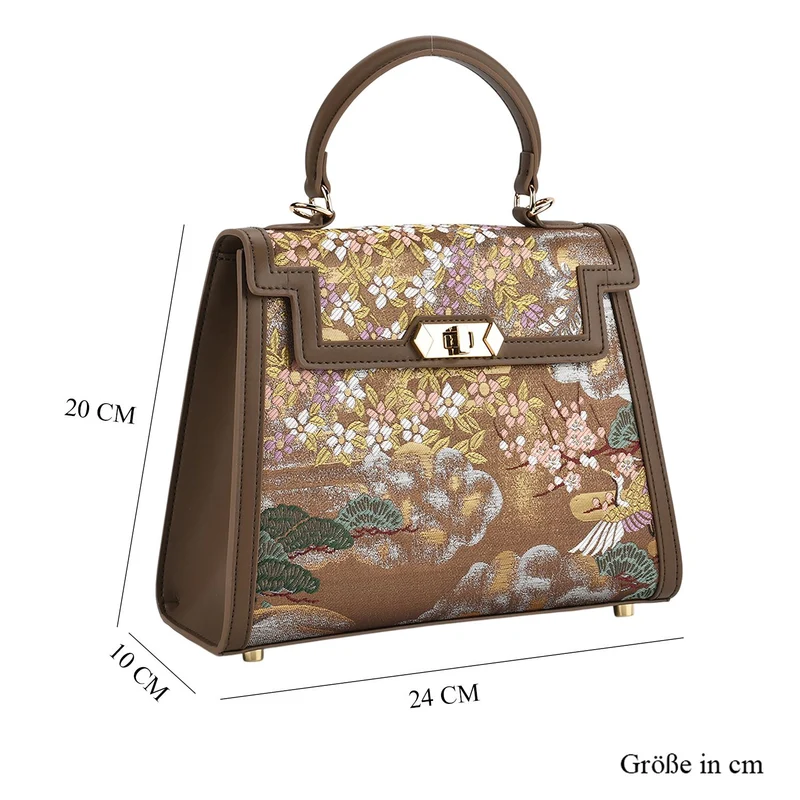 LA MAREY Signature - Seiden-Brokat-Umhängetasche mit Tragegriff, 24 x 10 x 20 cm, Beige