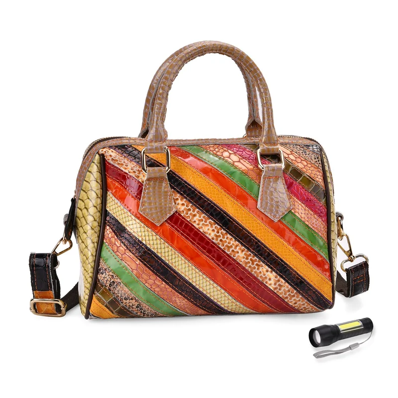 Chaos by Elsie - Crossbody-Tasche aus echtem Leder, Multicolor mit glänzender Krokoprägung im Streifenmuster, RFID-Schutz und Mini-Taschenlampe, ca. 26x14x19cm