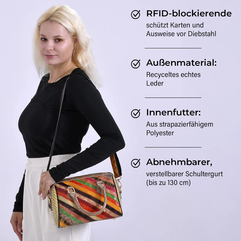 Chaos by Elsie - Crossbody-Tasche aus echtem Leder, Multicolor mit glänzender Krokoprägung im Streifenmuster, RFID-Schutz und Mini-Taschenlampe, ca. 26x14x19cm