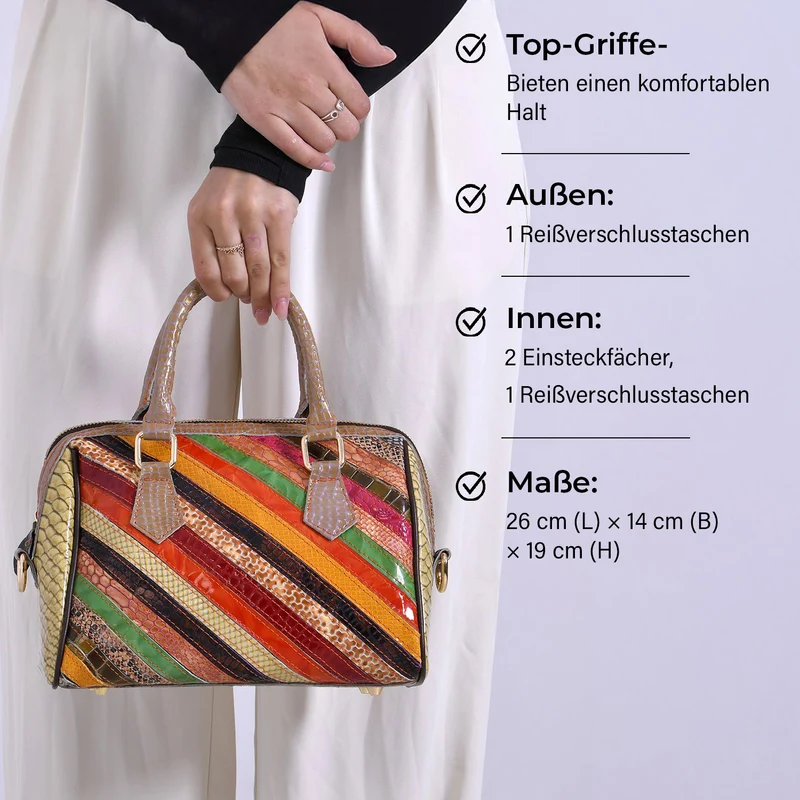 Chaos by Elsie - Crossbody-Tasche aus echtem Leder, Multicolor mit glänzender Krokoprägung im Streifenmuster, RFID-Schutz und Mini-Taschenlampe, ca. 26x14x19cm