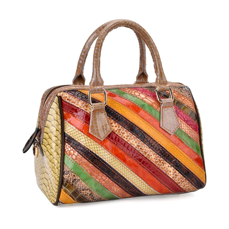 Chaos by Elsie - Crossbody-Tasche aus echtem Leder, Multicolor mit glänzender Krokoprägung im Streifenmuster, RFID-Schutz und Mini-Taschenlampe, ca. 26x14x19cm