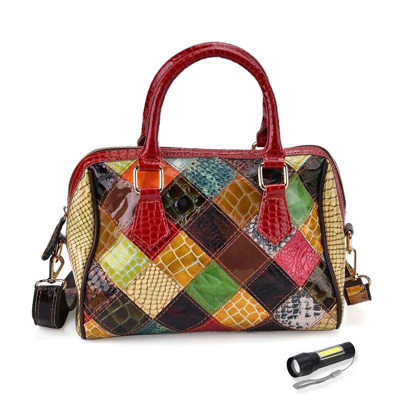 Chaos by Elsie - Crossbody-Tasche aus echtem Leder, Multicolor mit glänzender Krokoprägung im Streifenmuster, RFID-Schutz und Mini-Taschenlampe, ca. 26x14x19cm