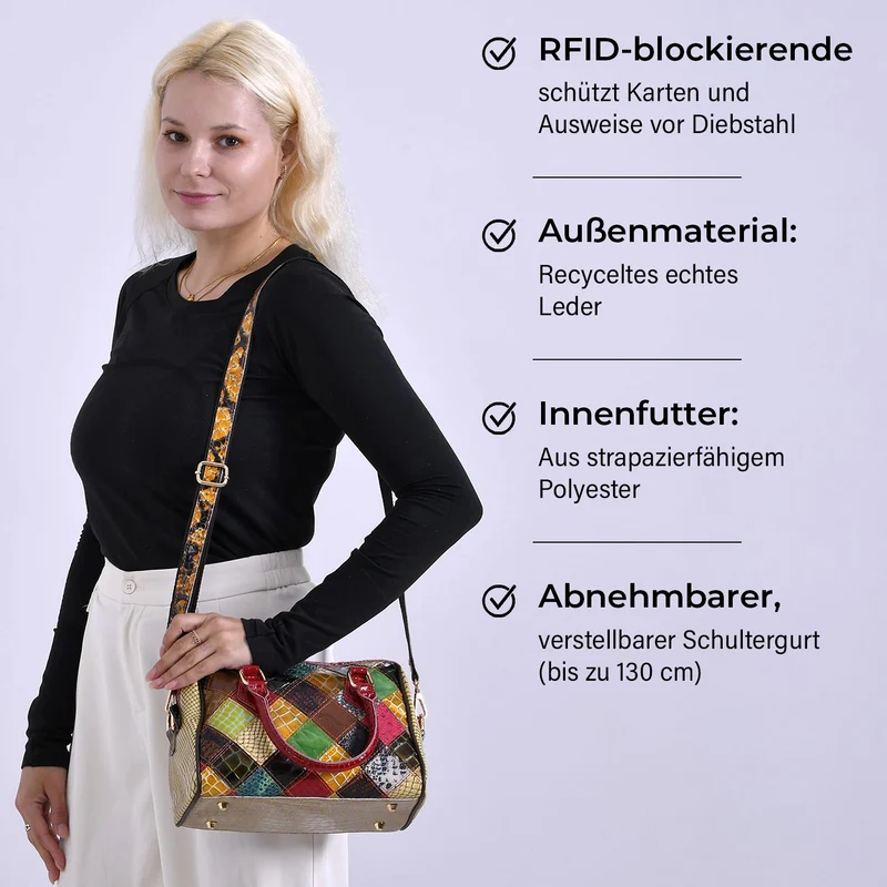 Chaos by Elsie - Crossbody-Tasche aus echtem Leder, Multicolor mit glänzender Krokoprägung im Streifenmuster, RFID-Schutz und Mini-Taschenlampe, ca. 26x14x19cm
