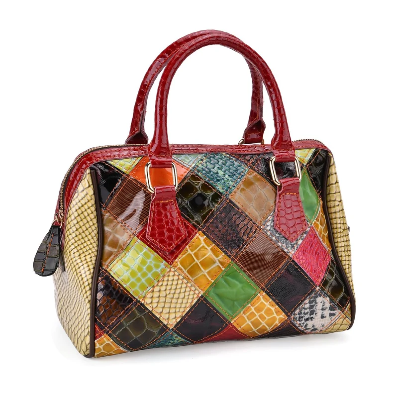 Chaos by Elsie - Crossbody-Tasche aus echtem Leder, Multicolor mit glänzender Krokoprägung im Streifenmuster, RFID-Schutz und Mini-Taschenlampe, ca. 26x14x19cm