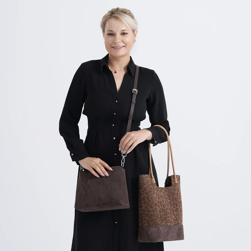 2er-Set Echtleder-Taschen, Shopper und Umhängetasche mit trendigem Leopardenmuster, Dunkelbraun